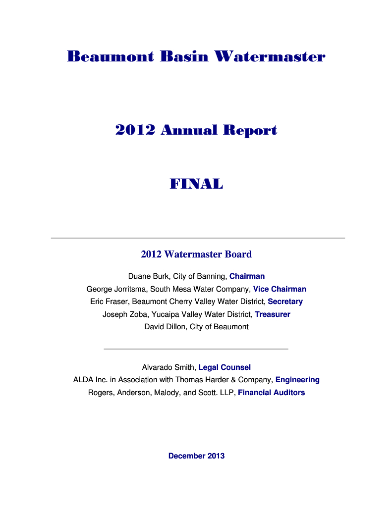 Beaumont Basin Watermaster Annual Report 2012